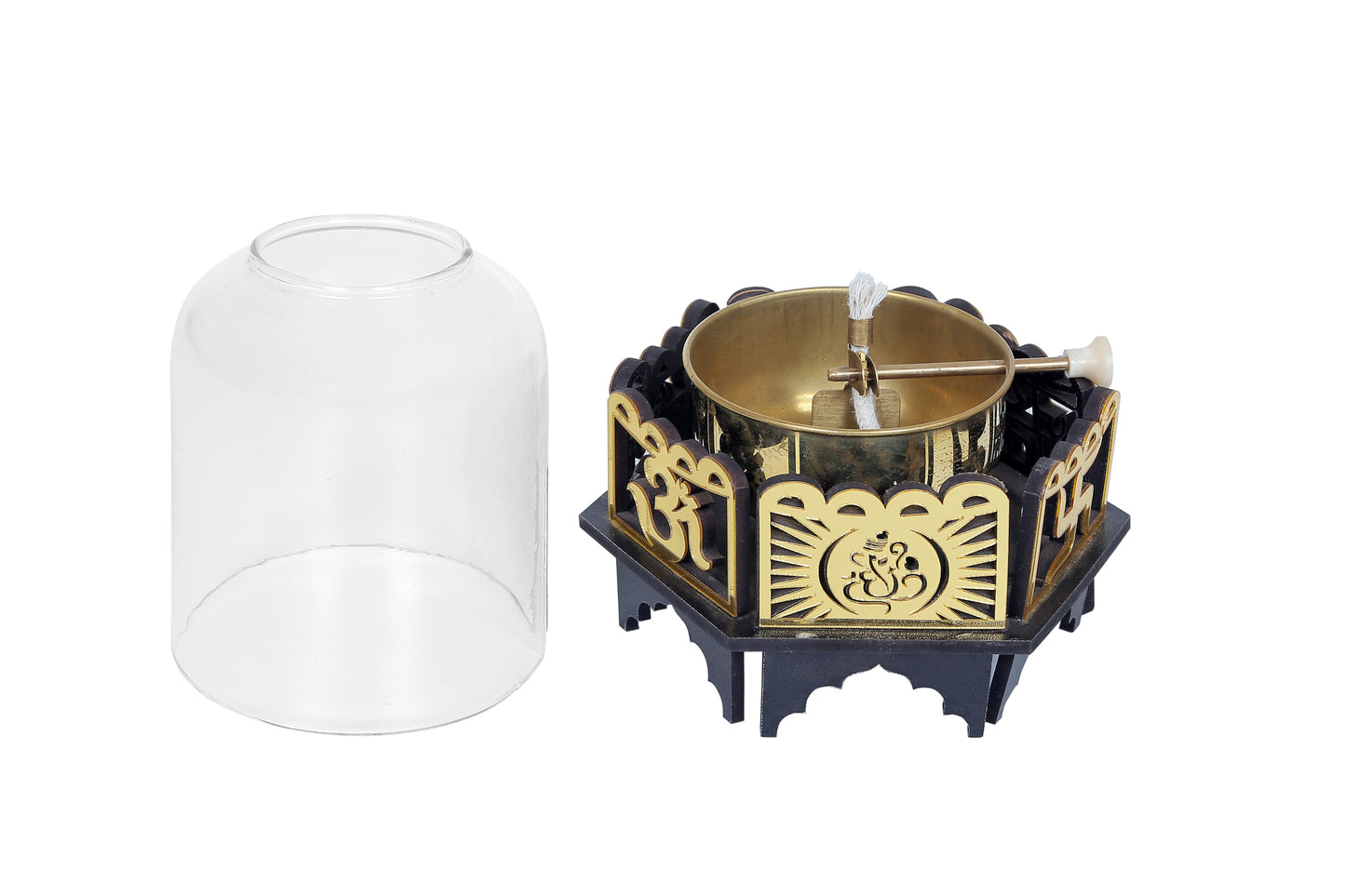 Akhand Jyoti Diya With Wick Lifting Screw Lever With Wooden Base
