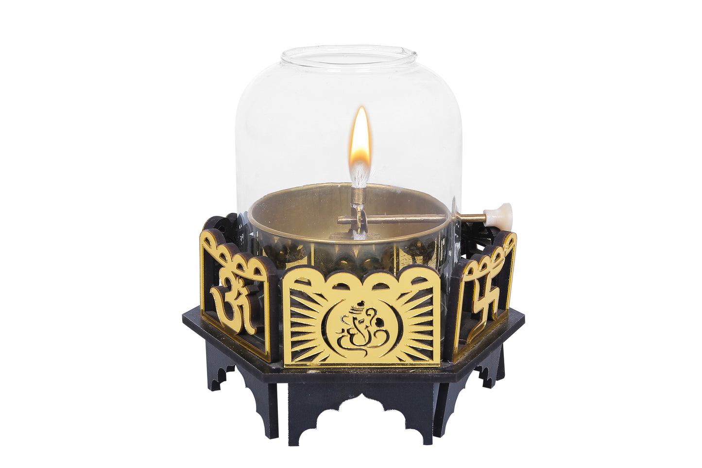 Akhand Jyoti Diya With Wick Lifting Screw Lever With Wooden Base